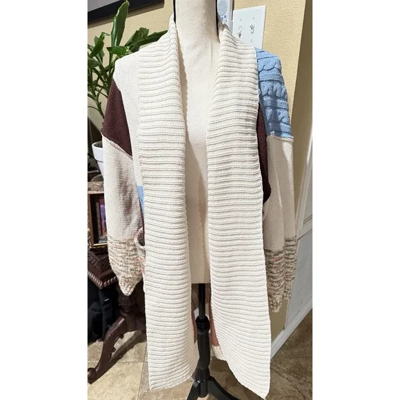 POL Patchwork Women's Cardigan Sweater Sz‎ large Boho Colorblock Long Open Front - Picture 2 of 14